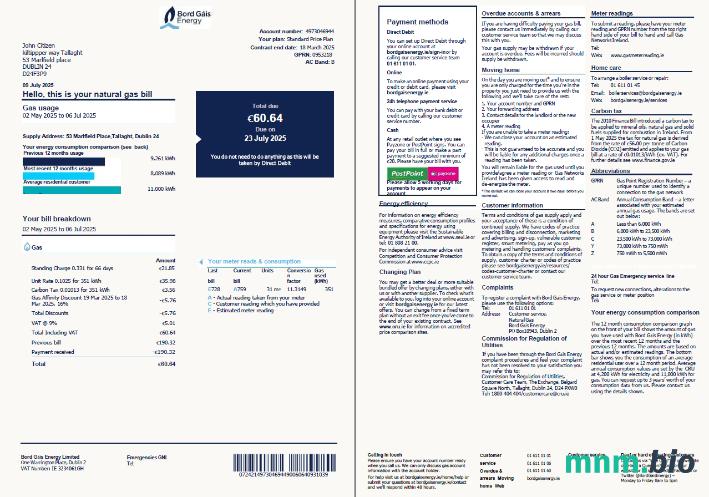 Ireland Bord Gáis Energy rachunek za media template in Word i PDF formats, 2 strony, version 2